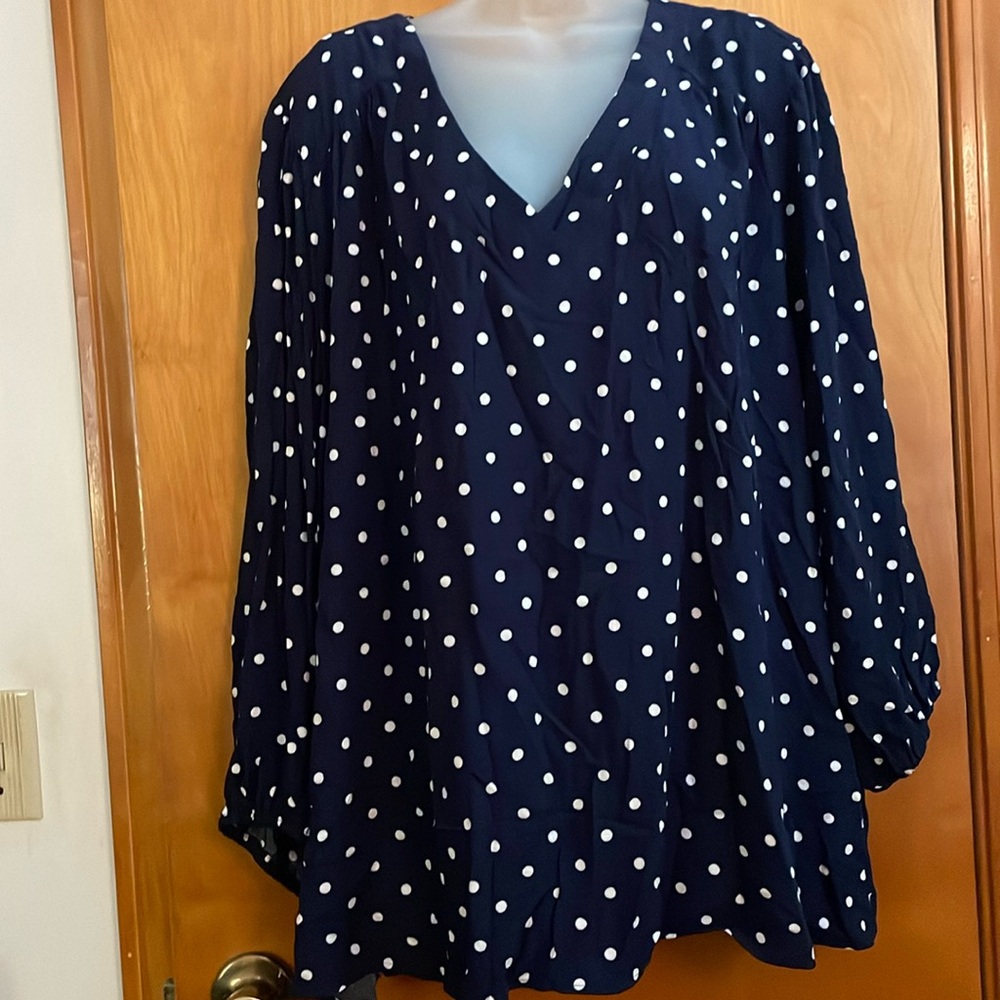 St. John's Bay Navy Blue Polka Dot V-Neck Blouse